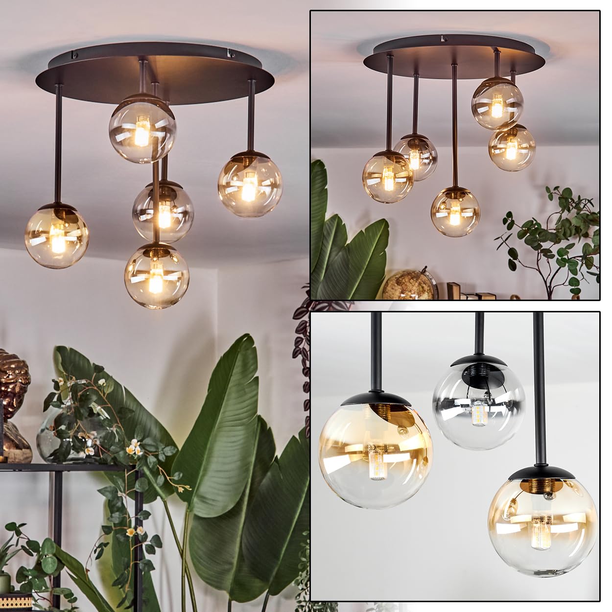 Plafonnier HOFSTEIN Chehalis, plafonnier à 5 ampoules en métal/verre noir/fumé/ambre/clair, luminaire au design vintage (abat-jour Ø 10 cm), G9, salle à manger, salon, chambre à coucher, cuisine