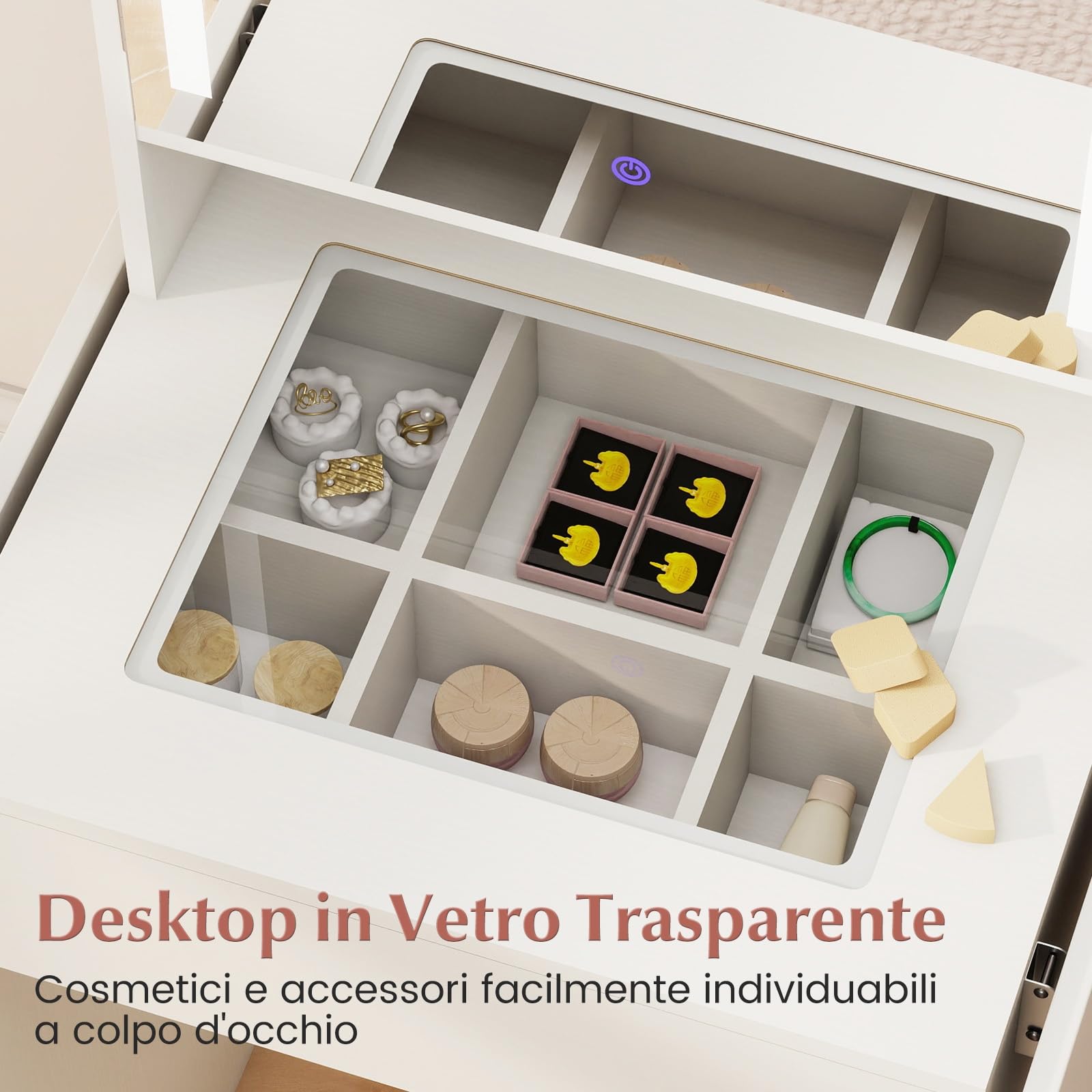 COSTWAY Toeletta Trucco con Luci LED, Tavolo da Trucco con Specchio e Stazione di Ricarica, Postazione Trucco con Cassetto, 2 Piani d'Appoggio a Ribalta, Bianco (Modello 3)