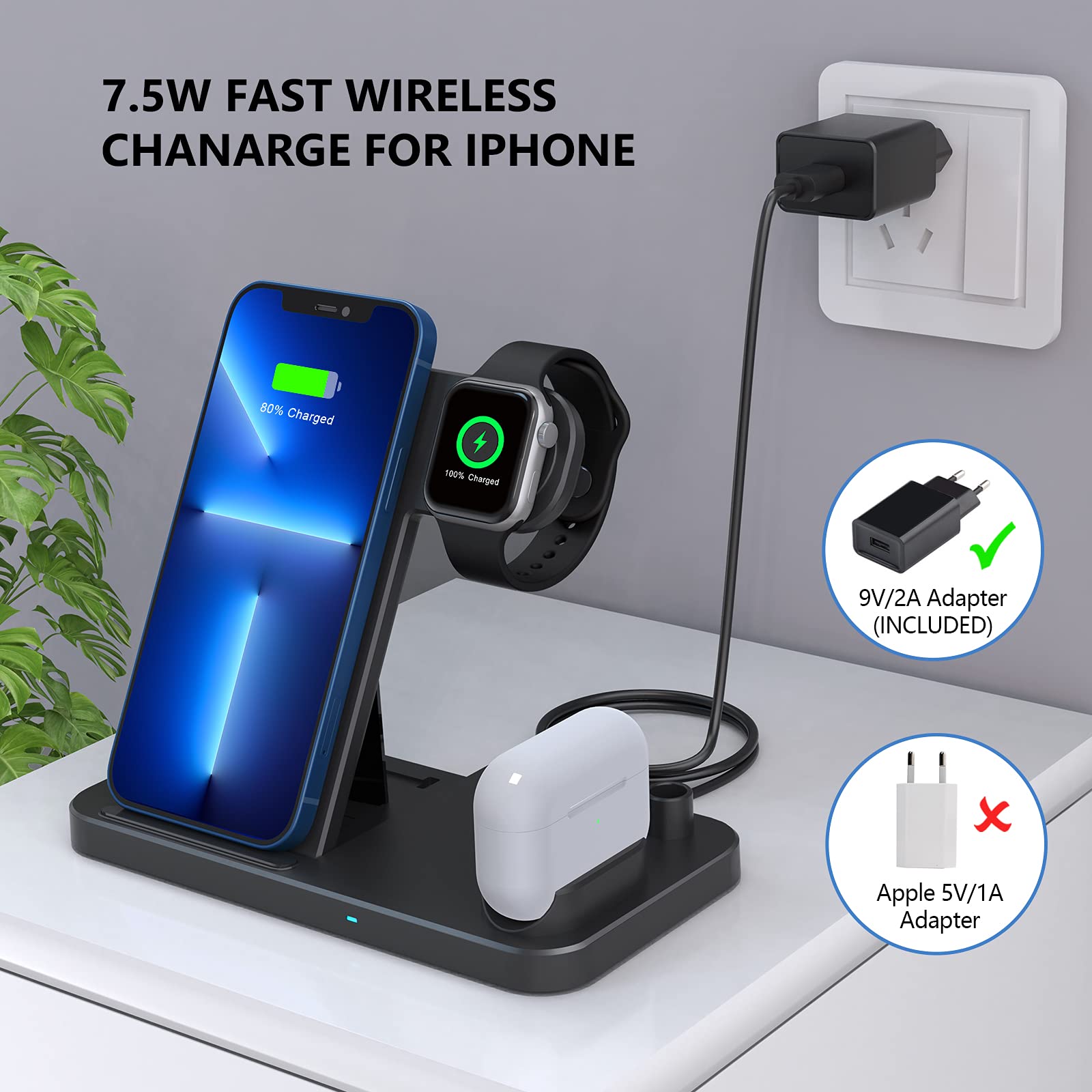 Caricatore senza fili, 4 in 1, con adattatore rapido da 18 W, per Apple Watch Airpods Pro, certificato Qi per iPhone 12/SE/11/X/XR/Xs Max/8, Samsung Galaxy S20/S10