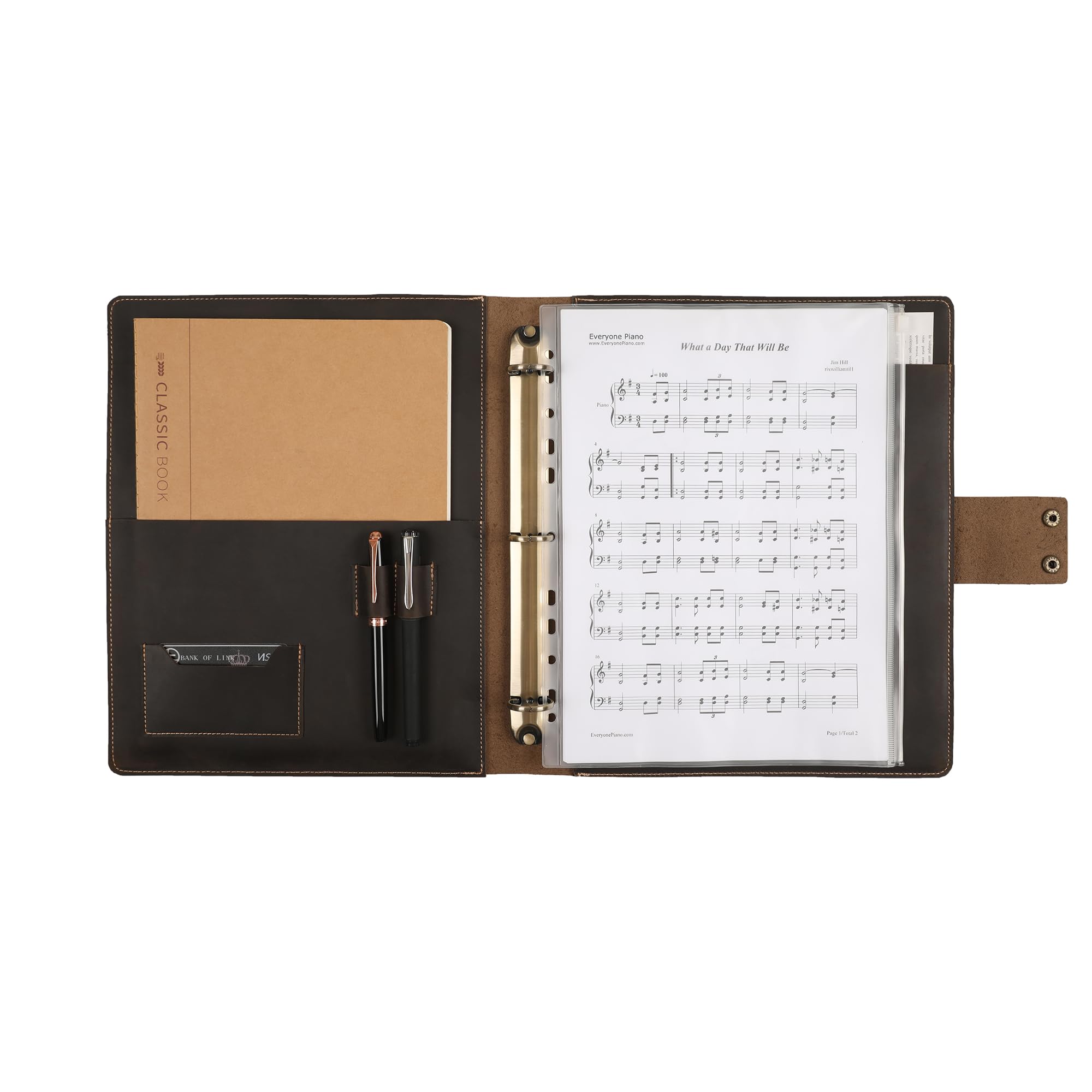 Handgefertigter Notenordner aus Leder, Notenhefter, personalisierter Notenhalter, Lederbinder mit 3 Ringen für 21,6 x 28,9 cm Notenblätter mit transparentem Blattschutz, dunkles Kahki