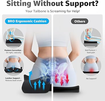 BRO Extra Large Coccyx Cushion with Cooling Cover, Ergonomic Seat Cushions for Tailbone Pain Relief, Memory Foam Chair Sciatica Cushion for Office Chair, Home, Car, Non-Slip Pressure Relief Pad, Black