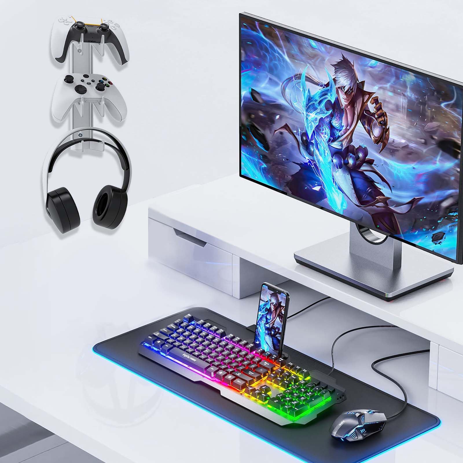 Gamepad Supporto per PS4/PS5/PS3/Xbox/Switch, Portaoggetti da Parete per 2 Maniglie e 1 Cuffia, Gancio per Cuffie, Controller Stand Trasparente