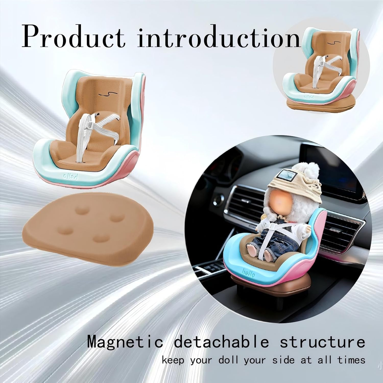 Doll Car Seat for 17cm Dolls, Cute Toy Car Seat with Clip and Removable Magnetic Base Stand, Car Interior Decor for Doll Toy Ornament Display (Blue Brown)