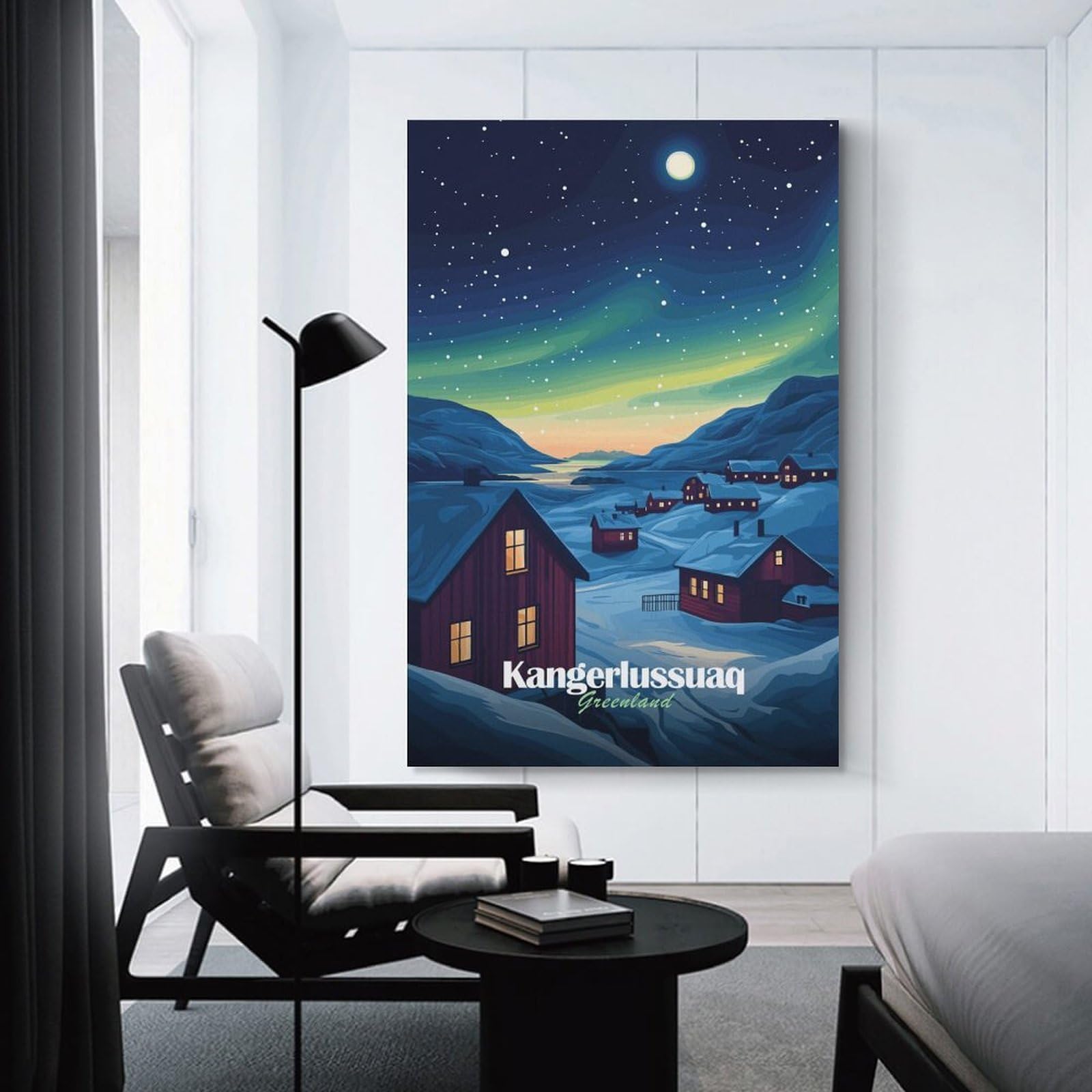 Junmoney Unframe-Style-1-1 Greenland Cabin Aurora Night Canvas Art Print 24X36inch(60X90cm), For Bedroom Walls, Guest Spaces Or Lounges, Home Artwork With A Soft Interior Feel
