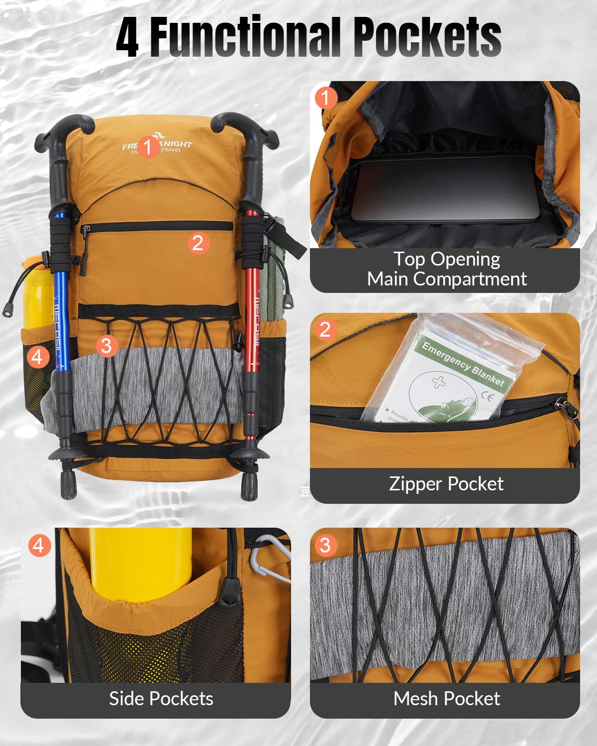 Zaino da trekking da 25 l, con tasca rimovibile, piccolo zaino da trekking in nylon, unisex, leggero, per campeggio, escursionismo, viaggi, colore giallo