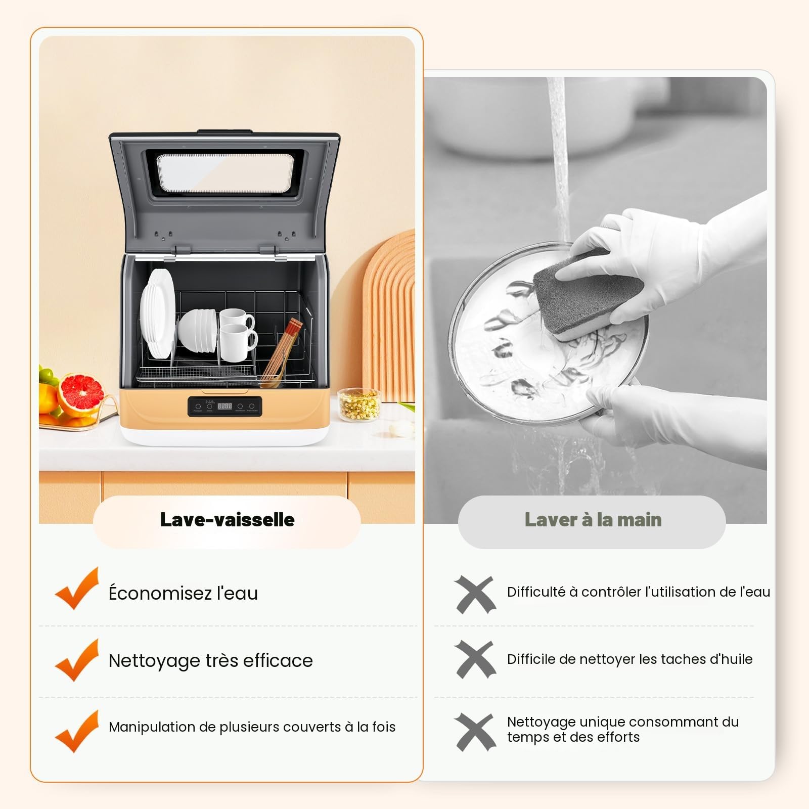 DWS-T05 Lave-vaisselle de table, capacité 4-6 places, 3 programmes de lavage (30-50 min), 800 W, séchage à la chaleur résiduelle inclus, idéal pour cuisine/camping-car