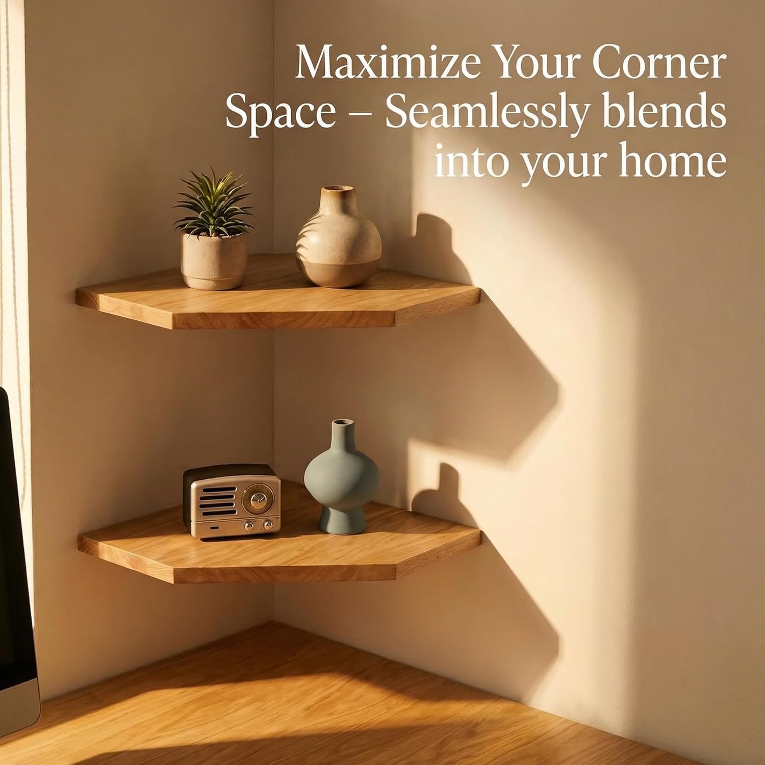 JiudunsKylight Corner Wall Shelf, 11.2 inch Floating Corner Shelves for Wall with Wire Hole, 2 Pack Oak Wood Shelves for Bedroom, Kitchen, Living Room Decor, Storage for Speakers, Photos