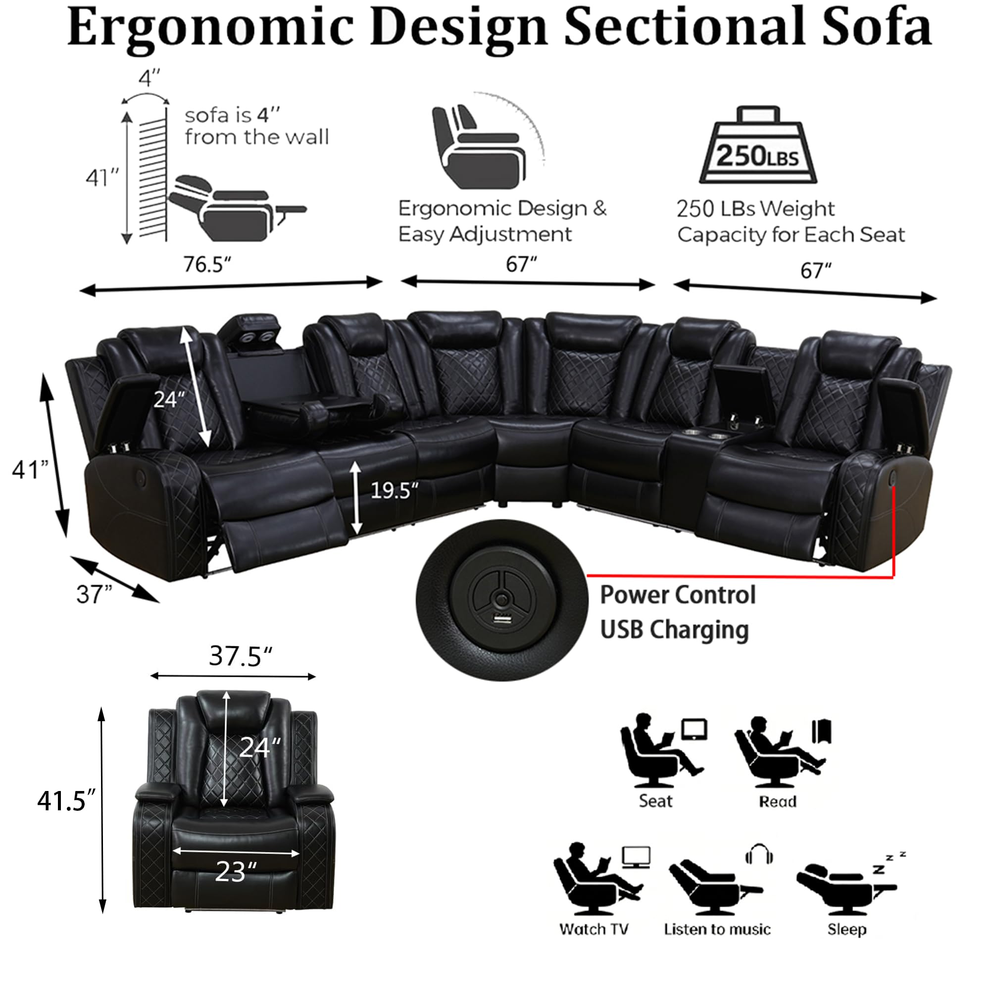 Leather Power Reclining Sectional Sofa Set,Sectional Couch with 3 Recliners view 2