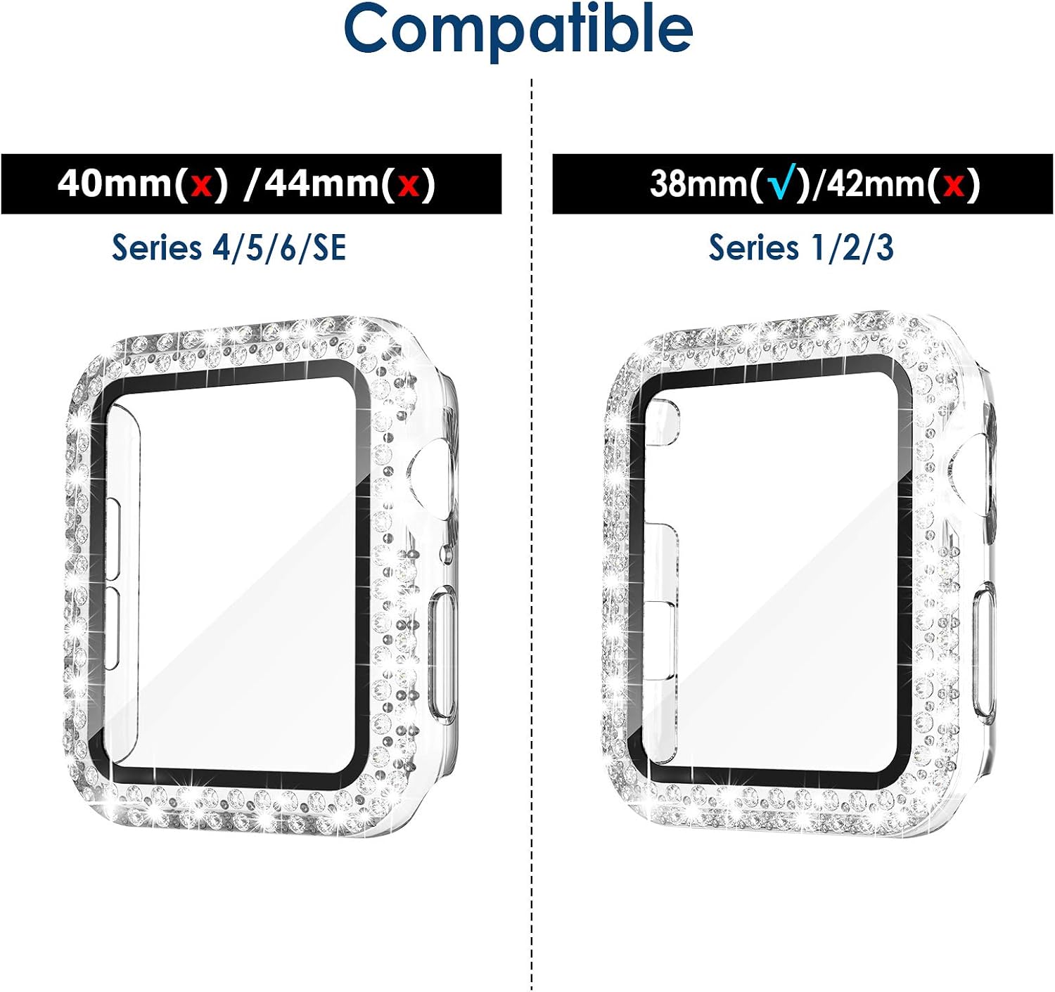 Simpeak 5 Pack 40mm Double Bling Hard Case Glass Screen Protector Compatible with Apple Watch Series 6 Se 5 4, Full Crystals Case Replacement for iWatch 40mm, Gold/Pink/Black/Silver/Clear