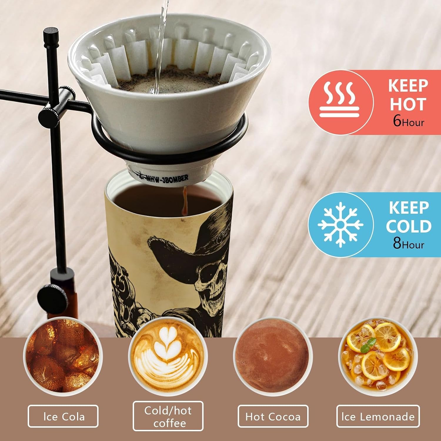 Skeleton Hat Brown Insulated Coffee Mug with Straw & Flip Lid, 16.9oz Iced Tumbler Cup, Double Wall Vacuum Mug for Travel Office