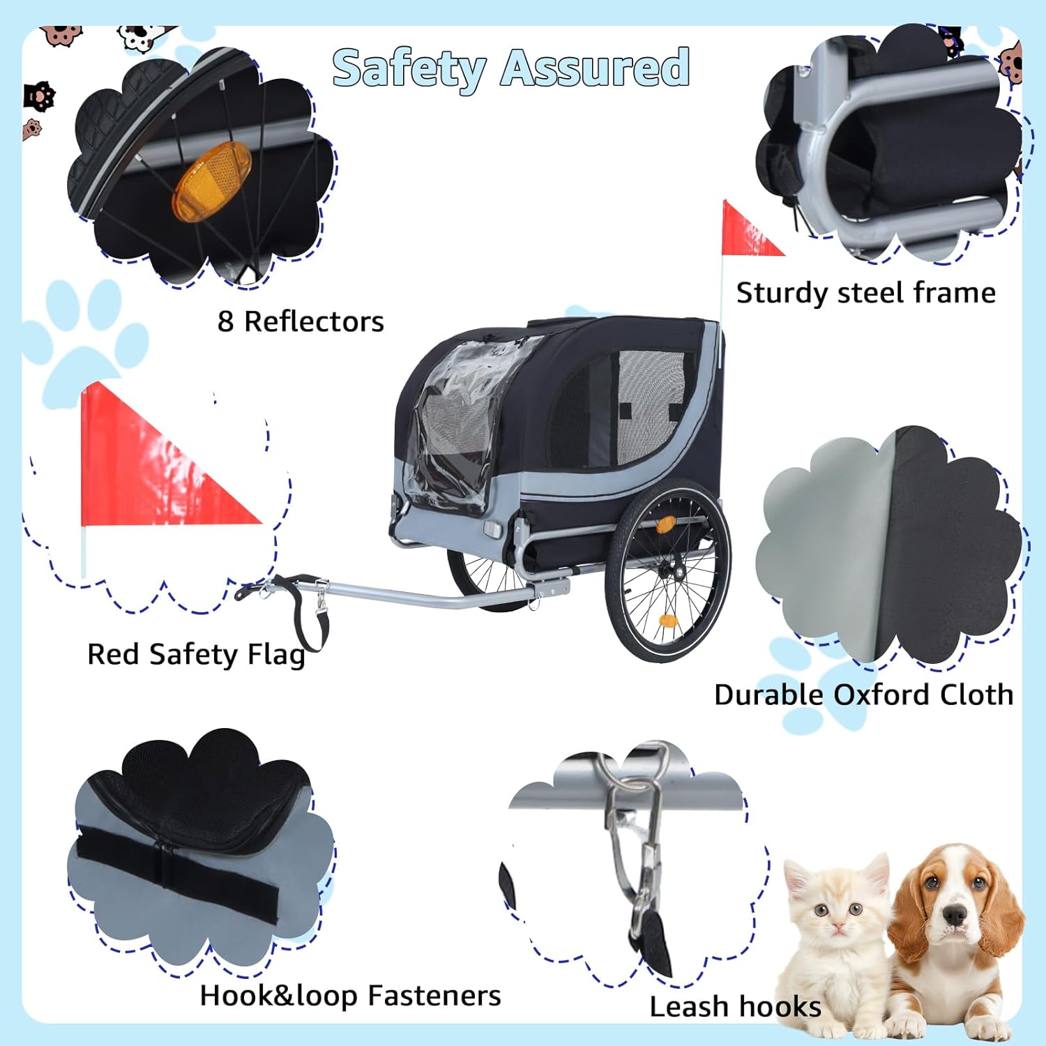 Heavy Duty Dog Bike Trailer for Large Dogs, 132 lbs Pet Bicycle Carrier with Easy Folding Frame, Quick Release Wheel & Universal Coupler, Includes Safety Reflector, Flag and Internal Leash