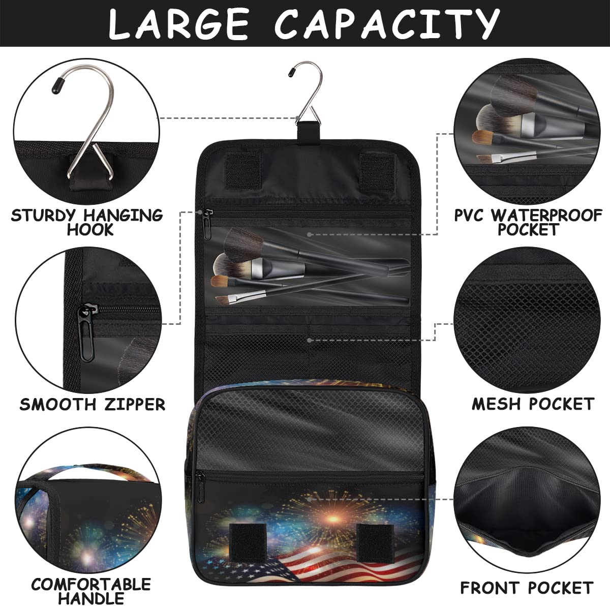 Amerykańska podróżna kosmetyczka American Memorial Day Wash Pouch Bag Unisex Wiszące przybory toaletowe Kosmetyczka Organizer do makijażu, wielobarwny, Jeden rozmiar