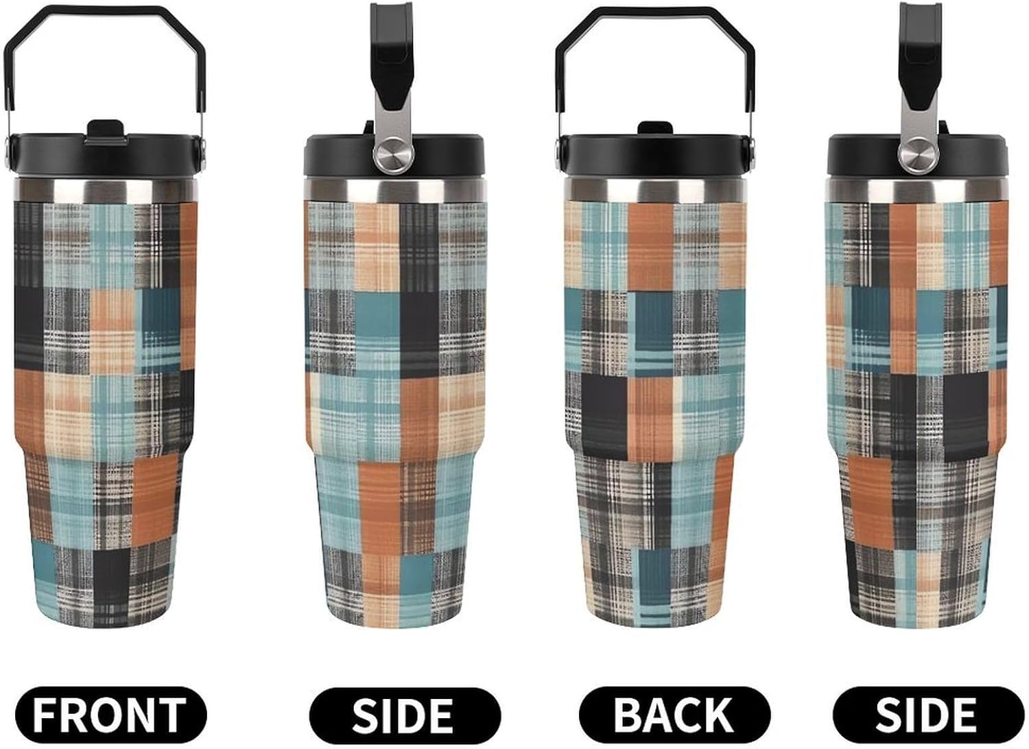 30oz Insulated Tumblers with Top Handle, Stainless Steel Black Plaid Pattern Car Cup with Straw for Gift, Leak-Proof Double Wall Vacuum Travel Mug, Personalized Water Bottles Black