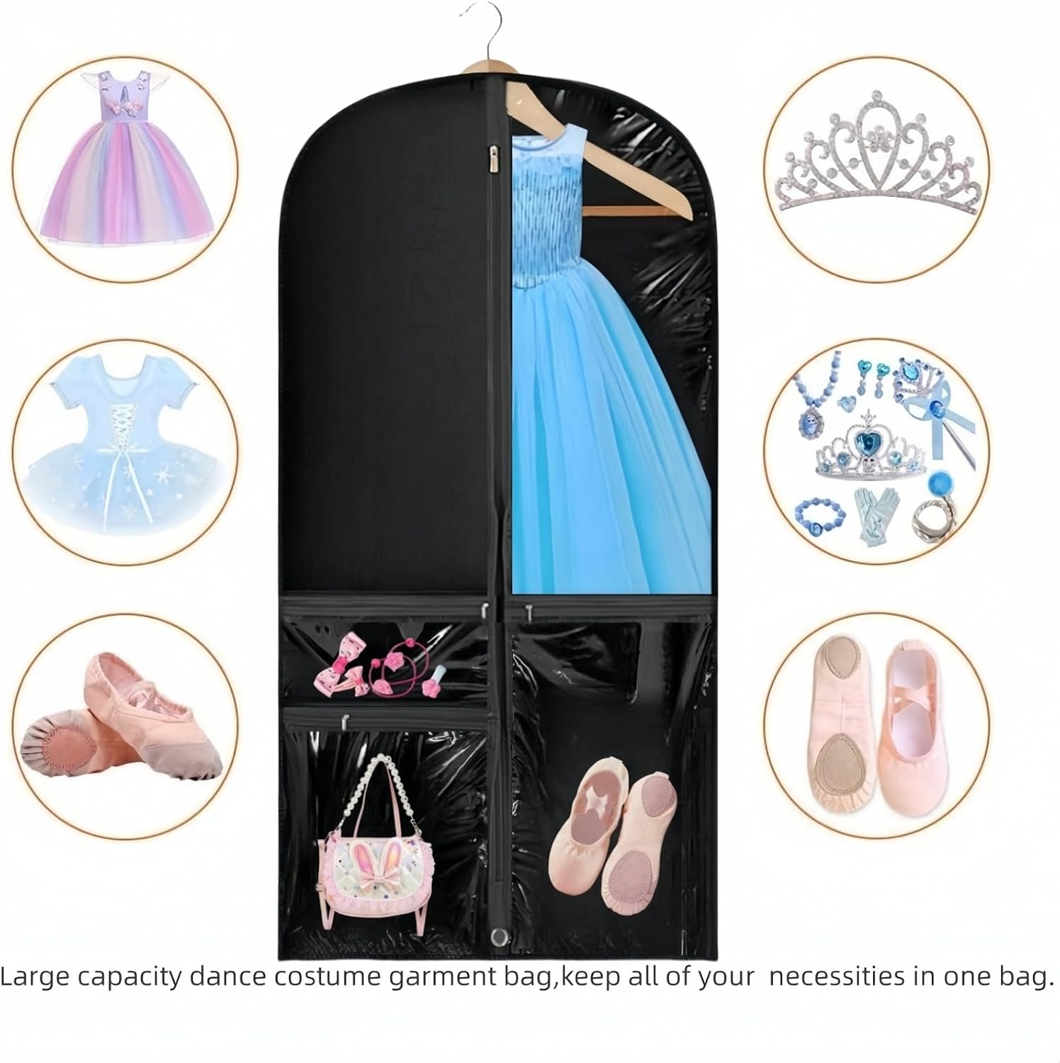 Clear Dance Costume Garment Bag, 39 Inch Garment Bag for Dance Competitions, Kids Hanging Clothes Cover for Girls Closet Storage with 3 Zippered Pockets