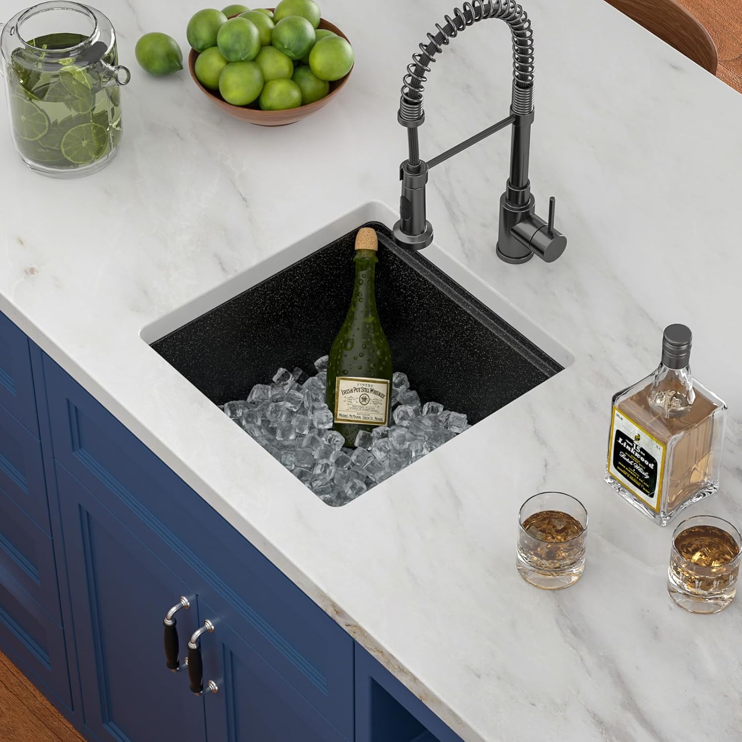 18x18 Inch Black Undermount Bar Sink Workstation Granite Composite Small Square Granite Quartz Kitchen Sink Modern Under Counter Ledge Single Bowl Deep Sink