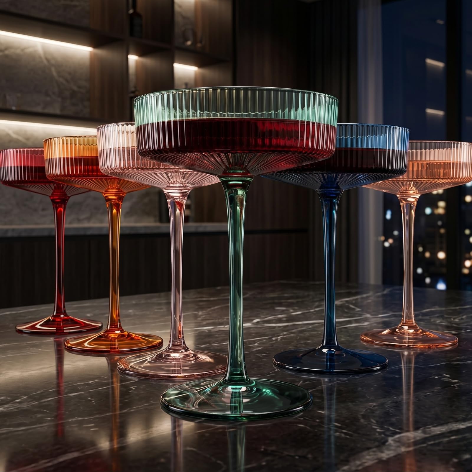 Farbige Vintage Art Deco Coupé-Gläser, Martini-, Cocktail- und Champagnergläser, geriffelt, 200 ml, 6 Stück, niedliche pastellfarbene gedämpfte Kristall-Cocktailgläser, Kelch, Cocktails, geriffelte