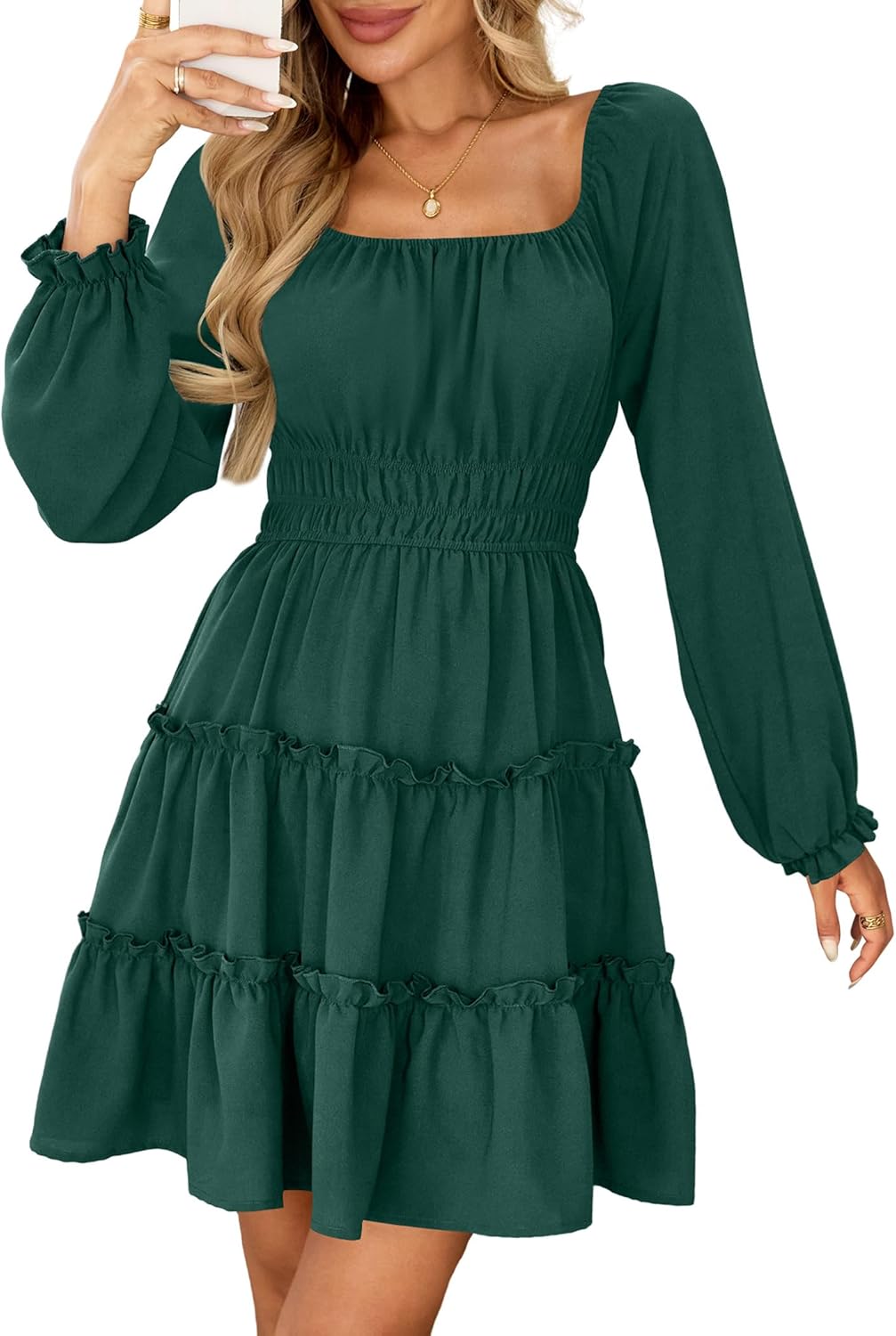 Amoretu Women’s Square Neck Long Sleeve Dress Tiered Ruffle A-Line Flowy Mini Dresses with Pockets