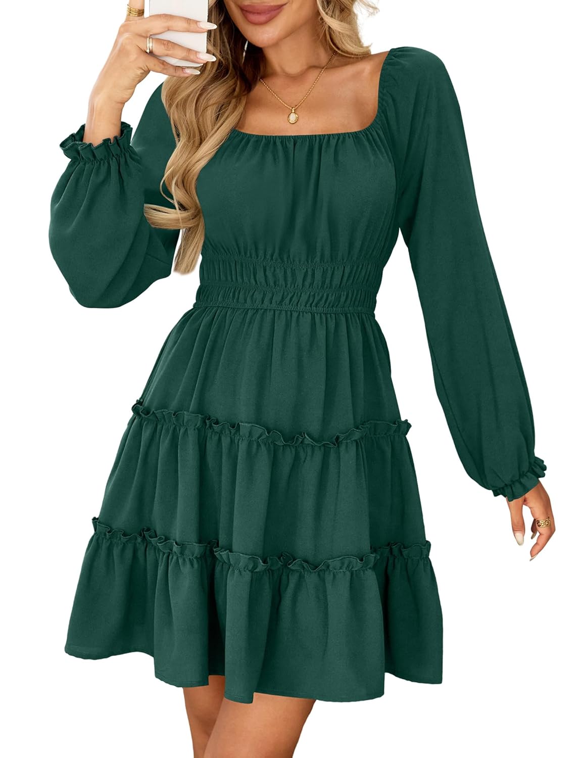 Amoretu Womens Square Neck Long Sleeve Dress Tiered Ruffle A-Line Flowy Mini Dresses with Pockets
