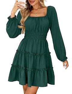 Amoretu Womens Square Neck Long Sleeve Dress Tiered Ruffle A-Line Flowy Mini Dresses with Pockets