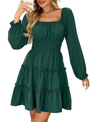 Amoretu Womens Square Neck Long Sleeve Dress Tiered Ruffle A-Line Flowy Mini Dresses with Pockets
