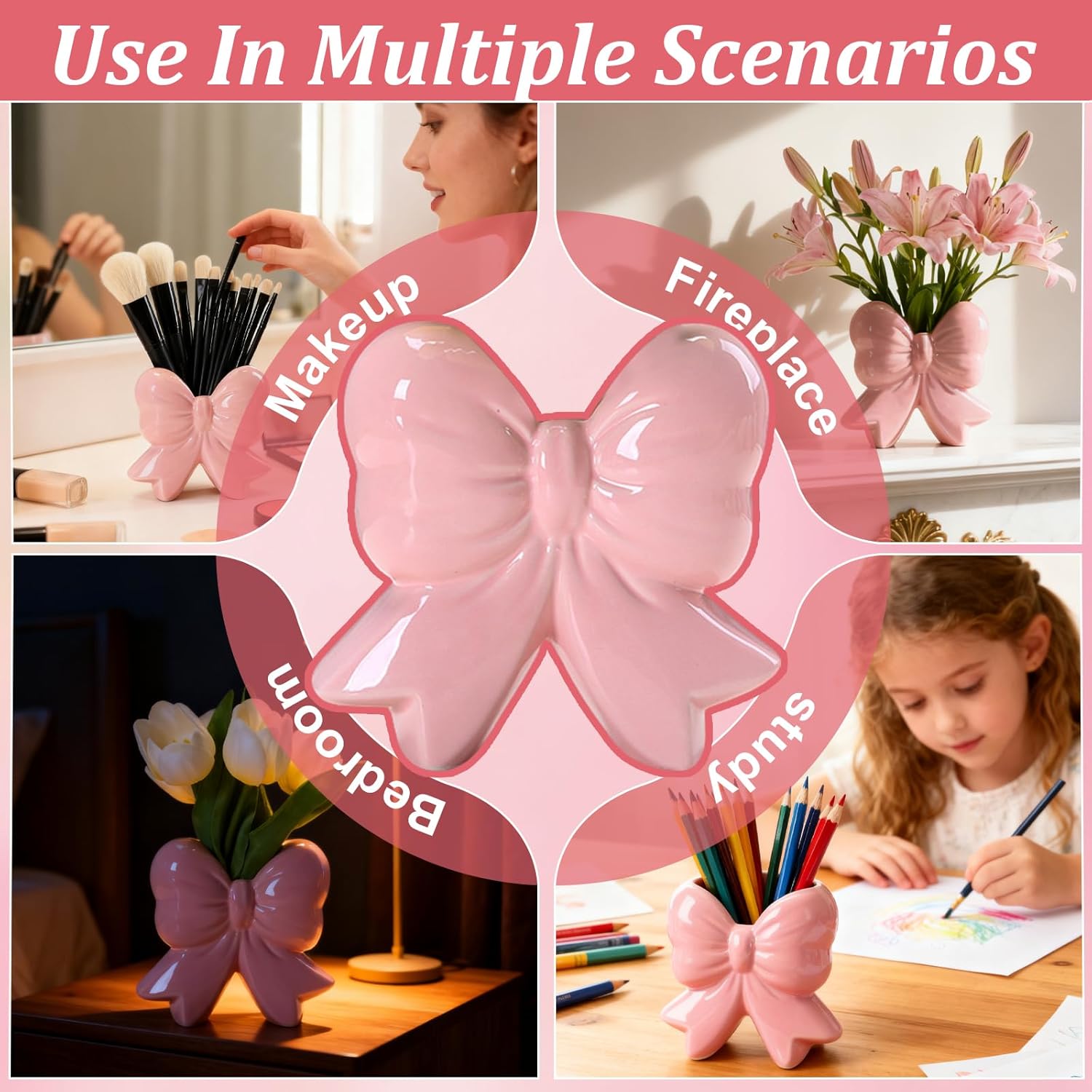 2 Pcs Pink Bow Vase Ceramic Vase Pen Holder, Makeup Brush Holder Contemporary Design Decorative Women Gift for Christmas Home Office Shelf Table Living Room