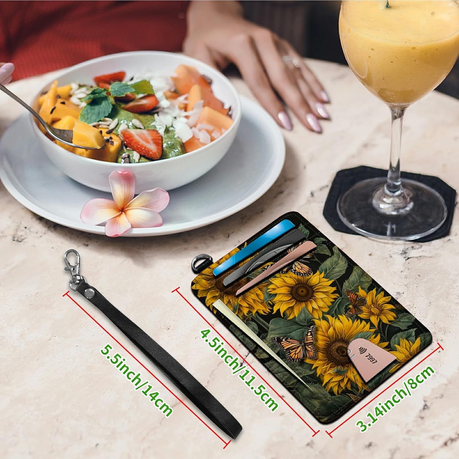 Sunflowers Slim Minimalist Wallet with Lanyard Strap, PU Leather Front Pocket Wallet RFID Blocking Credit Card Holder Card Cases with ID Window for Man Woman Boy Girl - Image 5