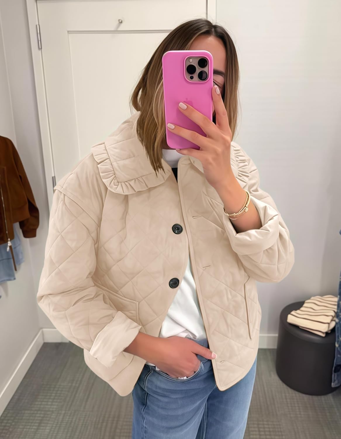 Women's Ruffle Collar Quilted Lightweight Puffer Jacket Long Sleeve Casual Cardigan Padded Coat for Autumn Winter - Image 4
