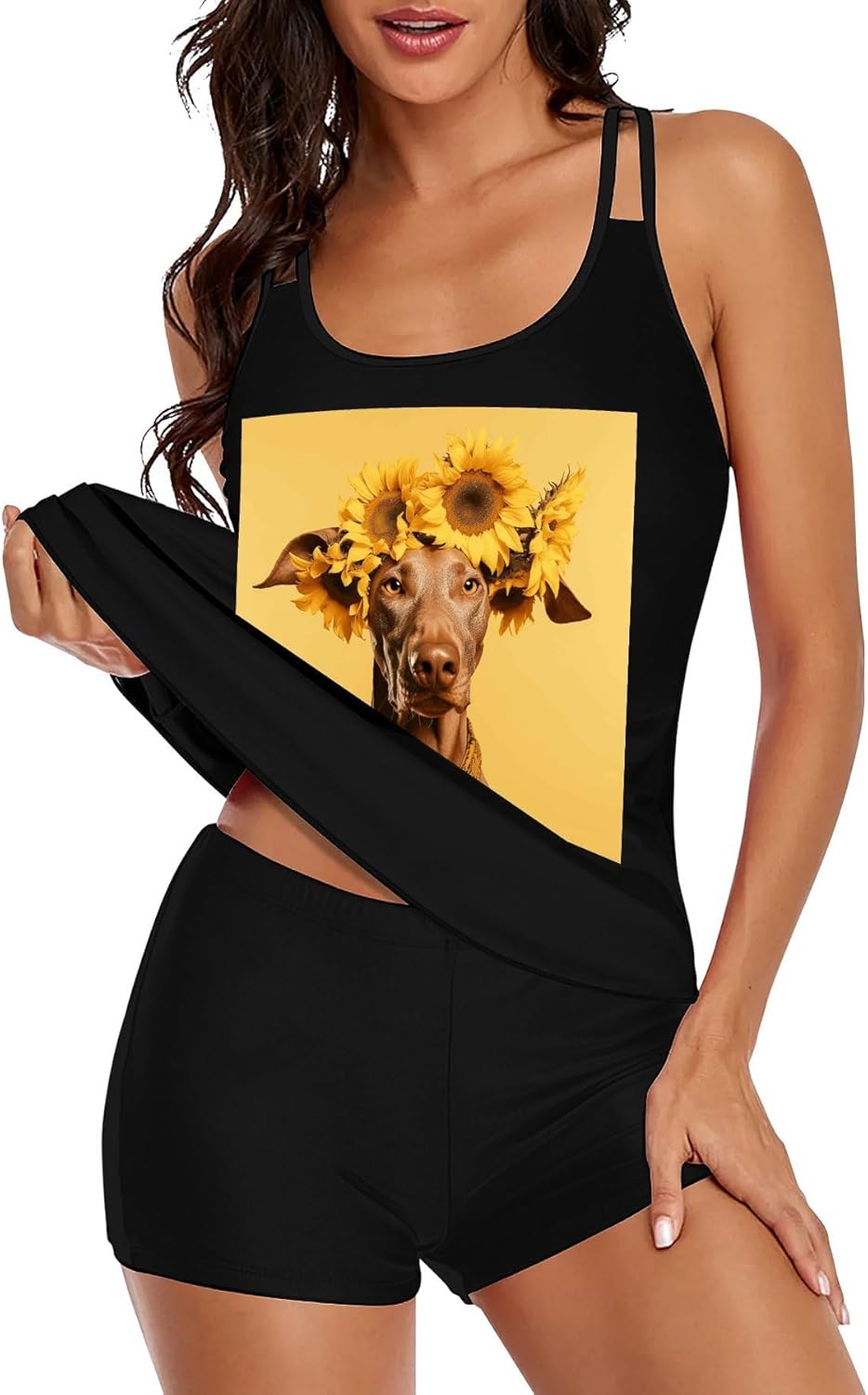 Sunflower and Dog Tankini Swimsuits for Women Tummy Control Two Piece Bathing Suits Swim Tops with Boy Shorts
