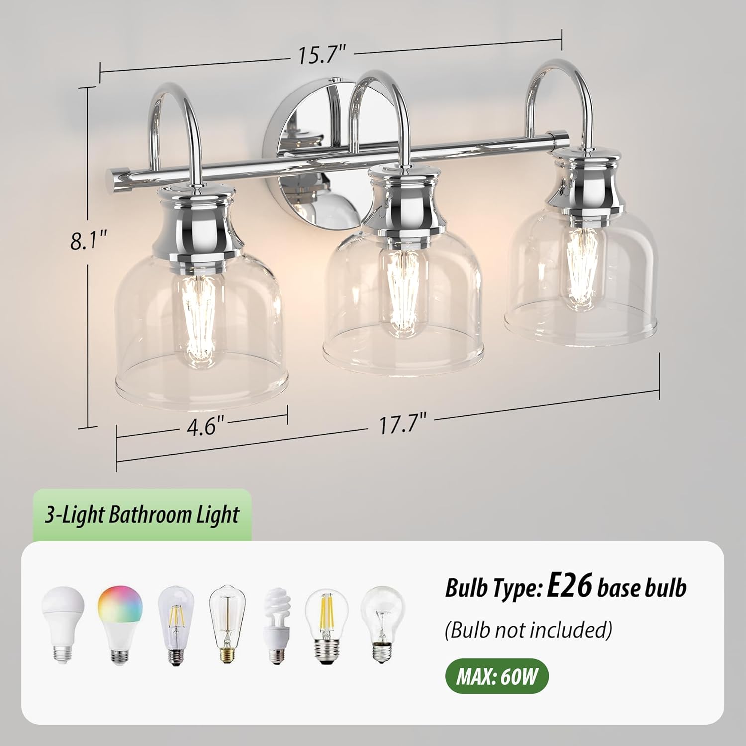 3 Lights Bathroom Vanity Light Fixtures, Chrome Traditional Classic Vanity Light with Clear Glass, Bathroom Lighting Fixtures Over Mirror