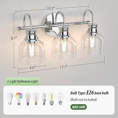 Miniatura 2 de Lámpara de tocador de baño de 3 luces, cromo tradicional clásico con vidrio transparente, accesorios de iluminación de baño sobre espejo