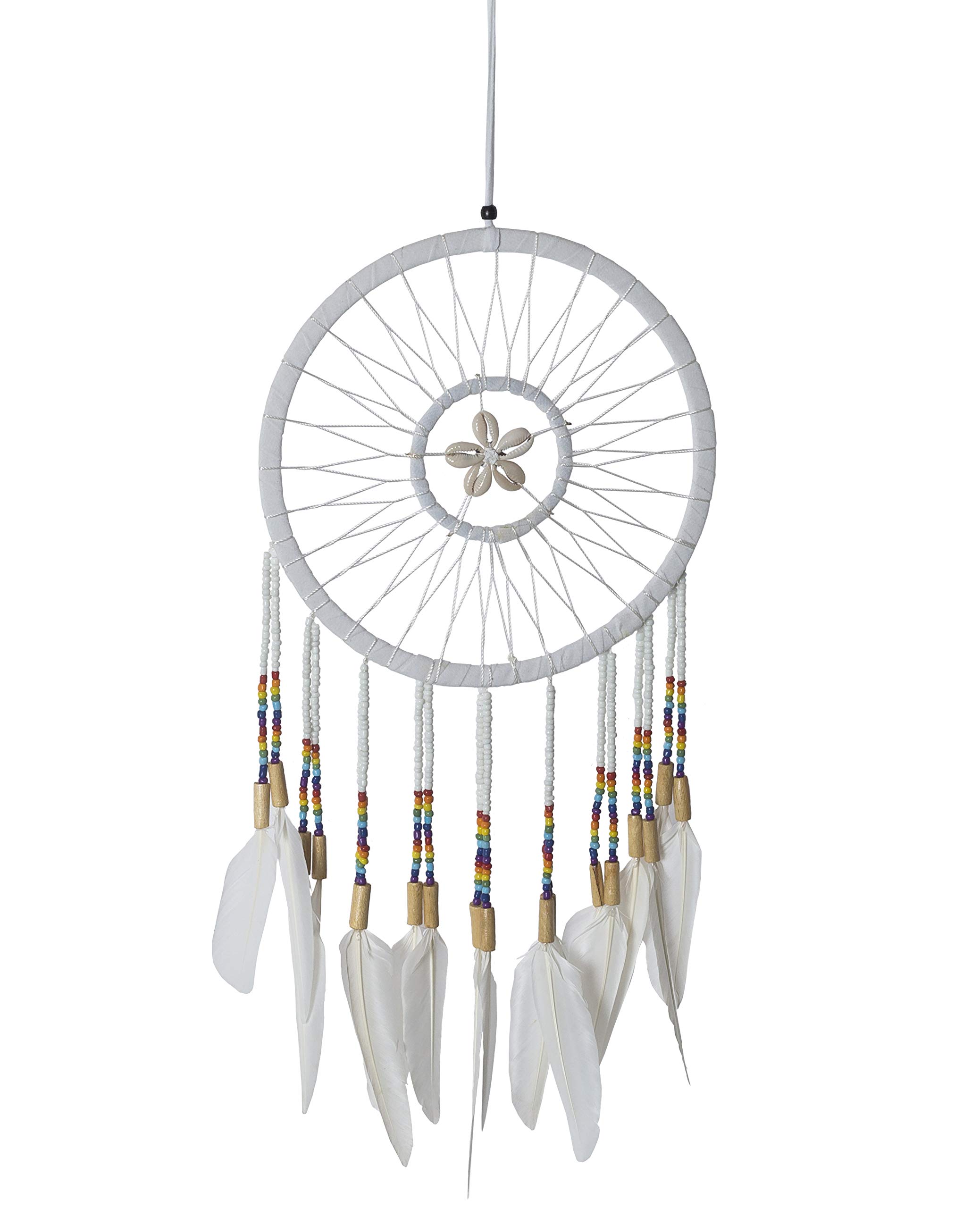 OMA Dream Catcher White Feather Traditional Native American Style Dreamcatcher with Real Shells & Multi Color Glass Beads Intricate Design - 26