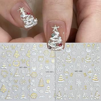 3 Sheets Christmas Nail Art Stickers Snowflake Nail Decals Christmas Tree Bow Designs 5D Embossed Self-Adhesive Xmas Nail Stickers Supplies Winter Holiday Manicure Decoration for Women