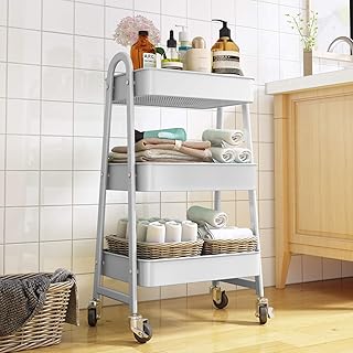home magic Chariot de Rangement Mobile à 3 Niveaux, Chariot de Cuisine avec Panier de Rangement, Desserte à roulettes en Métal pour Salle de Bain, Cuisine, Bureau, Garage (Blanc)