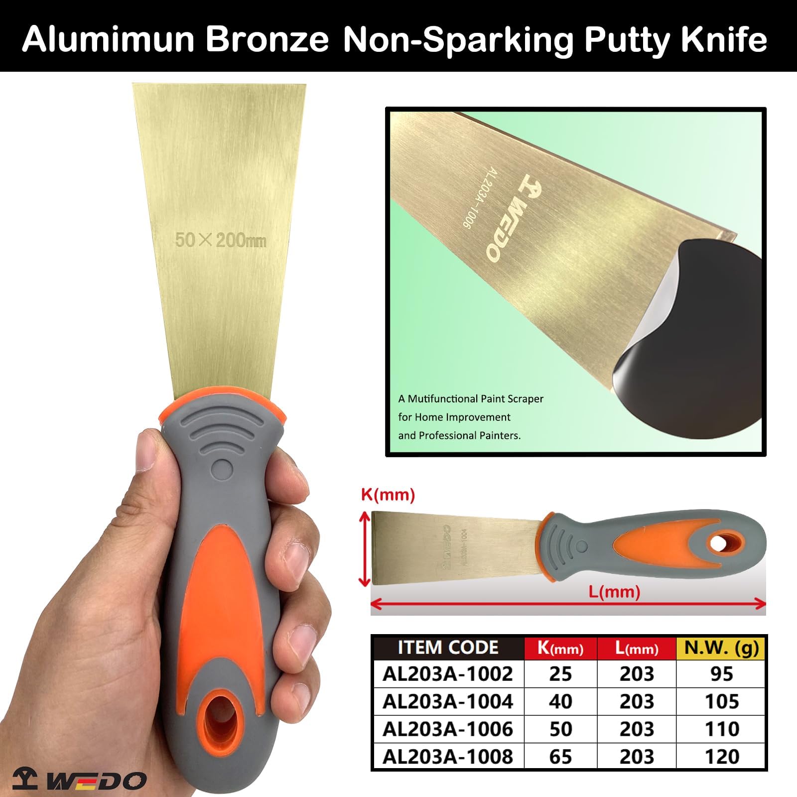 WEDO Espátula, espátula de pintor, cuchillo de relleno, cuchillo de masilla de 40 mm, Stiff Spark-free Safety Scraper Painter, DIN Standard, certificado BAM y FM, bronce de aluminio, 203 mm de