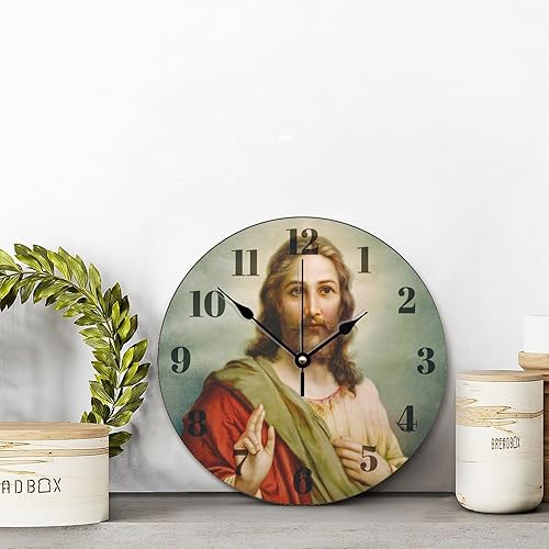 Miniatura 2 de ArogGeld Reloj de pared de Jesucristo, reloj religioso, silencioso y redondo, de madera, funciona con pilas, reloj colgante decorativo para oficina,
