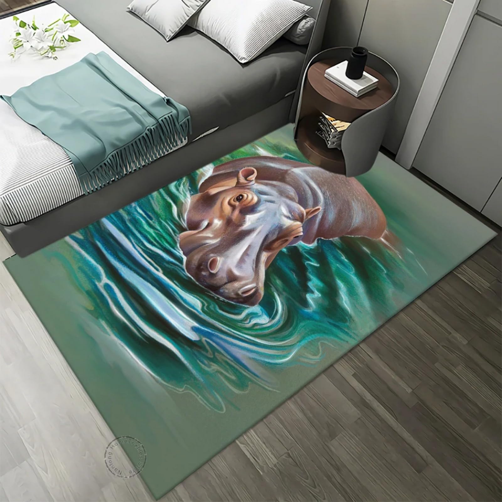 Tapis de salon 3D hippopotame jungle 120x160cm antidérapant