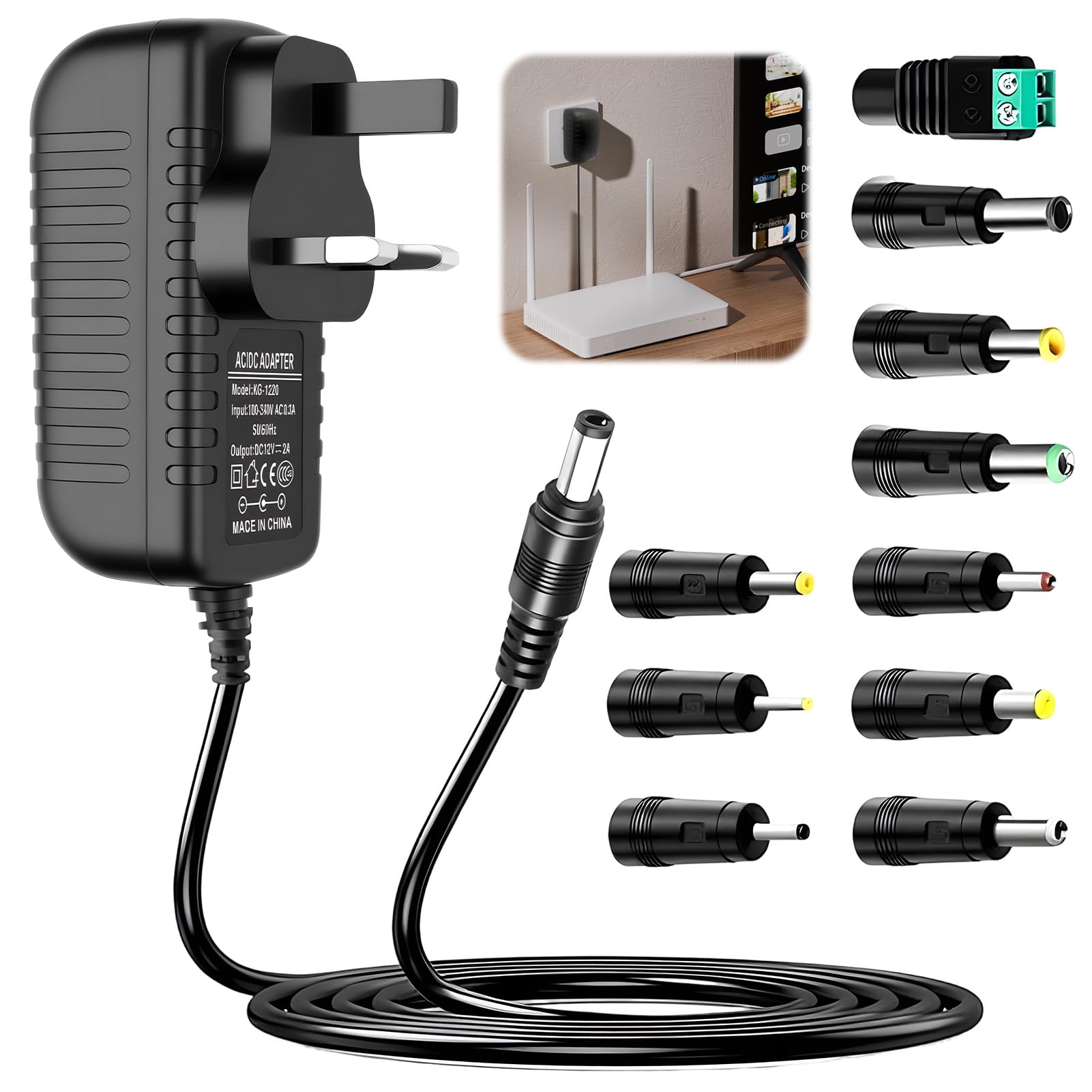 Universal 12v Netzteil 2A, AC DC Power Adapter Mit 9 DC Steckern, Universal Netzteil Kompatibel Mit LED Streifen, Kameras Router,Monitoren Lautsprechern TV-Boxen Modems Lampen & Mehr