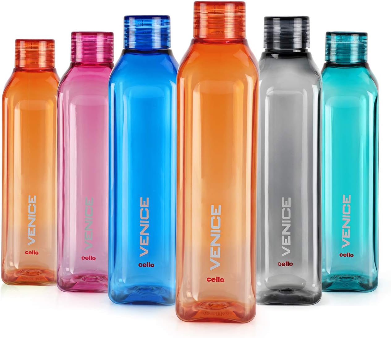 Cello Venice Plastic Water Bottle Set, 1 Litre, Set of 6, Assorted