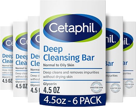Cetaphil Bar Soap, Deep Cleansing Face and Body Bar, Pack of 6, For Dry to Normal, Sensitive Skin, Soap Free, Hypoallergenic, Paraben Free, Fragrance Free, Removes Makeup, Dirt and Oil
