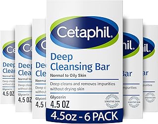 Cetaphil Bar Soap, Deep Cleansing Face and Body Bar, Pack of 6, For Dry to Normal, Sensitive Skin, Soap Free, Hypoallergenic, Paraben Free, Fragrance Free, Removes Makeup, Dirt and Oil