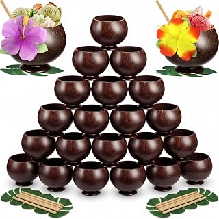 Qinyoung 96 Pcs Coconut Cups Set Include 24 Pcs 13.5oz Coconut Shell Cups, 24 Straws, 24 Turtle Leaves, 24 Hibiscus Flowers Natural Bowls Hawaiian Luau Birthday Party Favor for Drink Ice Cream