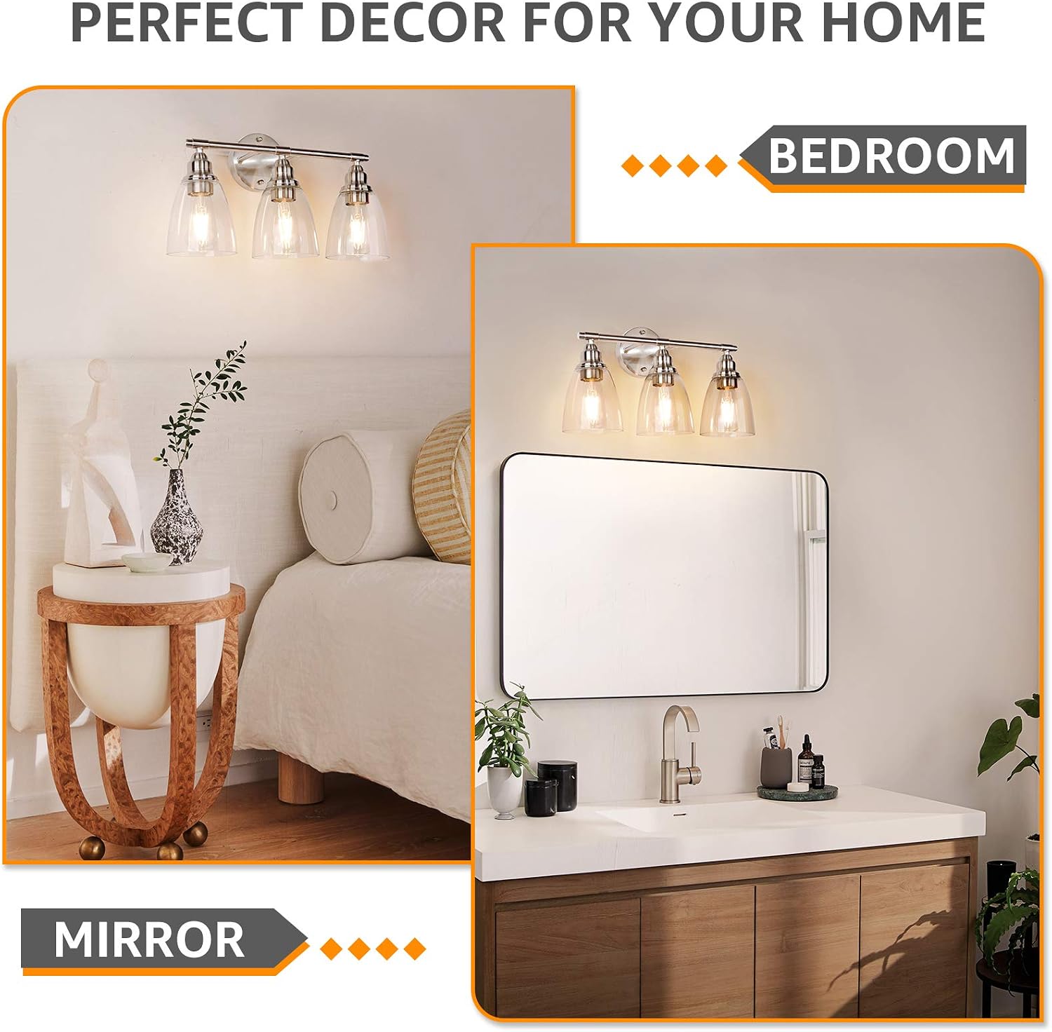 Wall Vanity Light Fixture, 3-Light Brushed Nickel Wall Sconce Lighting with Glass Shade, Modern Vintage Porch Wall Lamp for Mirror Kitchen Living Room Workshop (E26 Base)