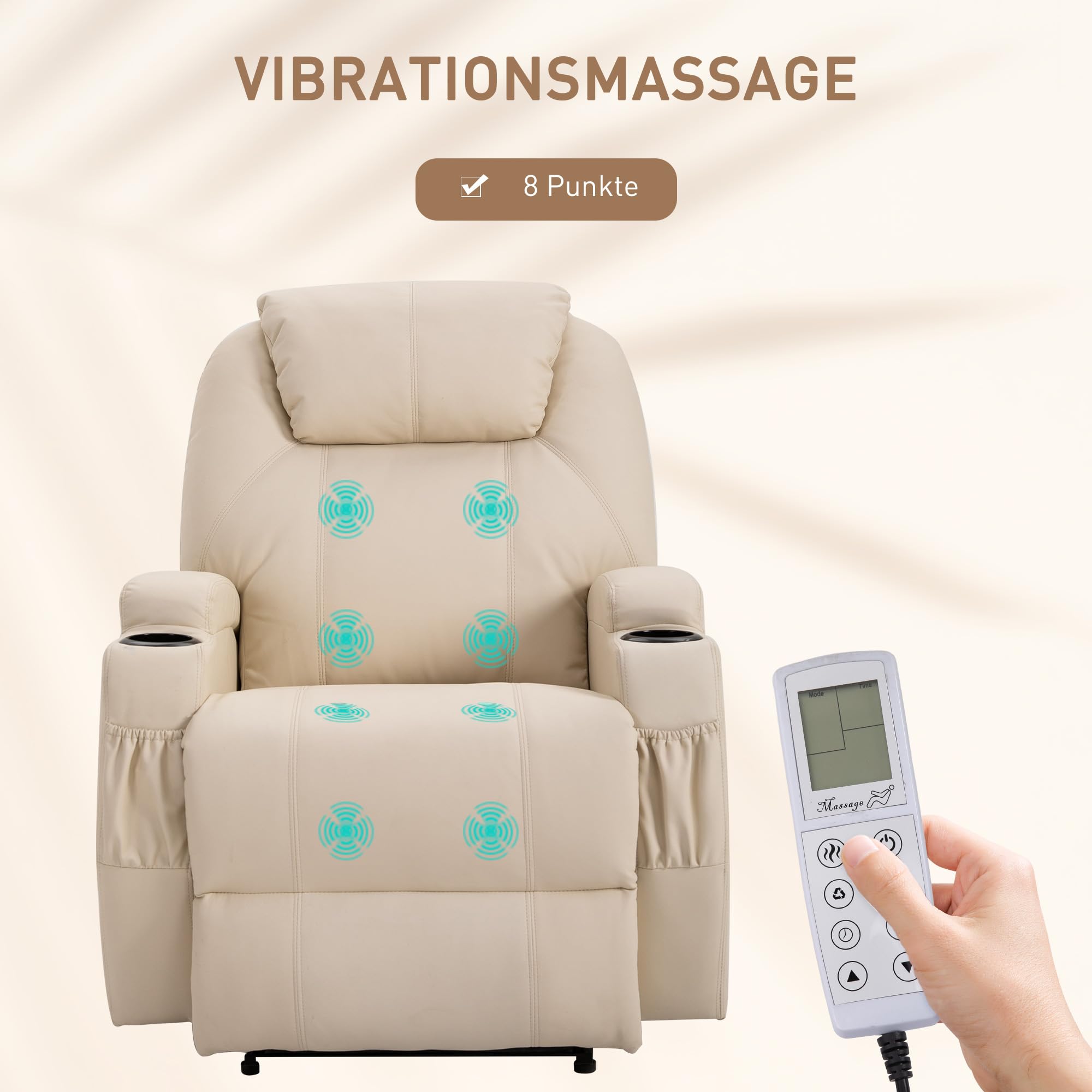 HOMCOM elektrischer Massagesessel Relaxsessel Fernsehsessel Massagefunktion Liegefunktion Kunstleder Holz Metall Schaumstoff Beige 82 x 97 x 110 cm