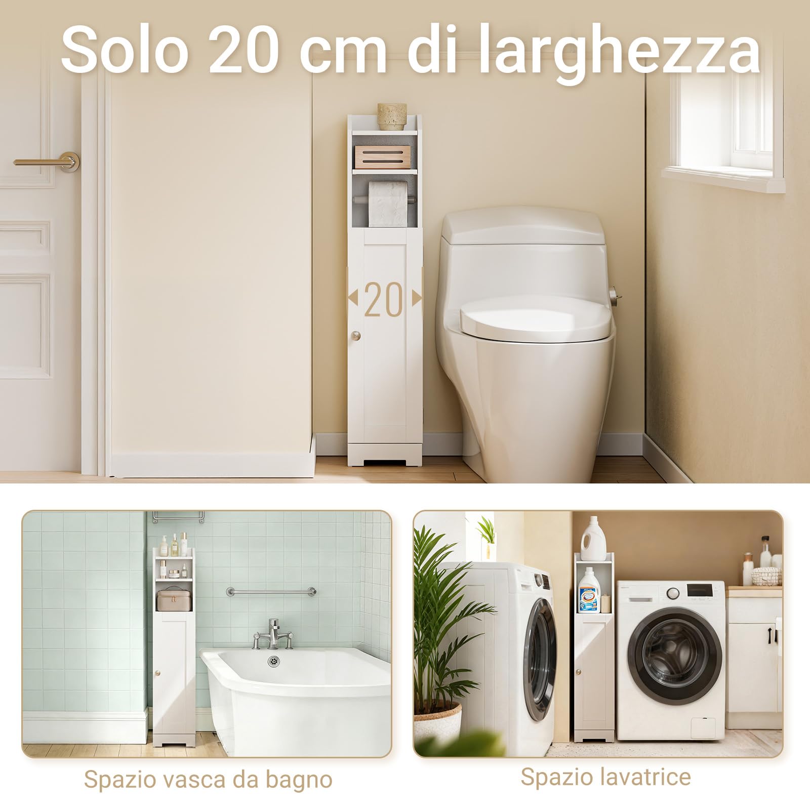 SoBuy Mobiletto Bagno Stretto Salvaspazio con Anta e Porta Carta Igienica | Armadietto Colonna con Ripiano Regolabile per WC, Lavanderia e Ingresso, Bianco, FRG177-II-W