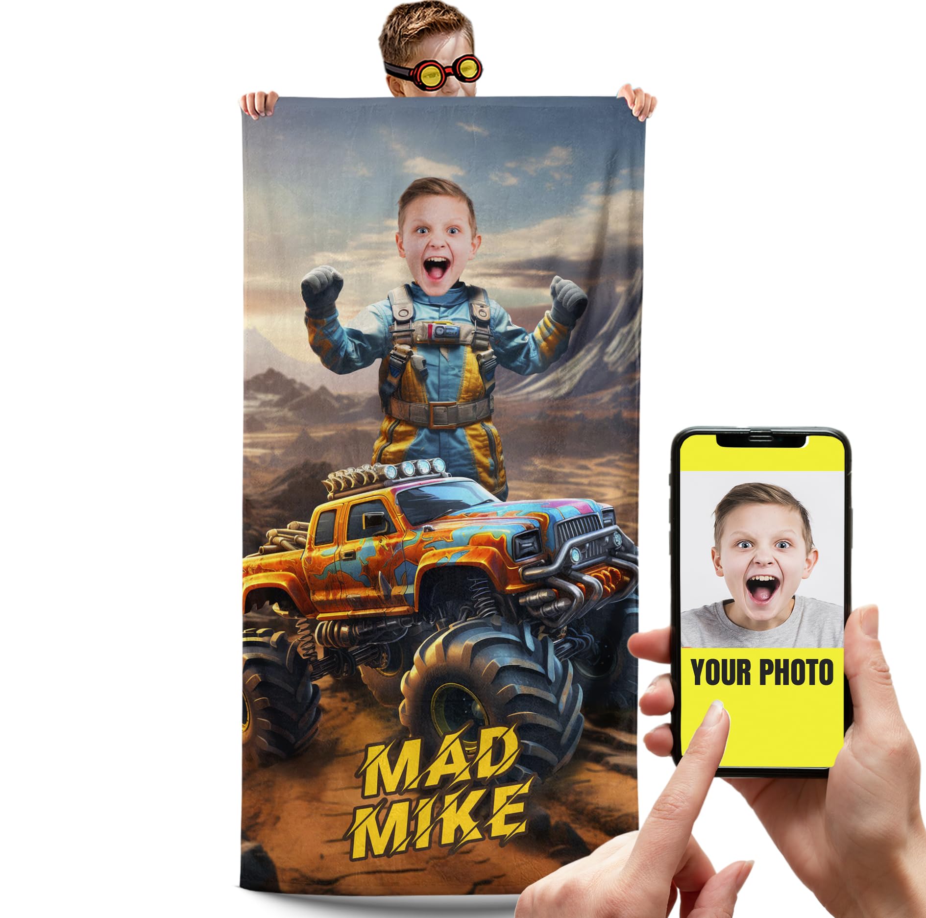 Custom Beach Towel with Photo, Monster Truck Towel for Kids, Beach Must Haves Gifts for Boys 8-10, Swim Towel 30 x 60, Grandson Gifts from Grandma,