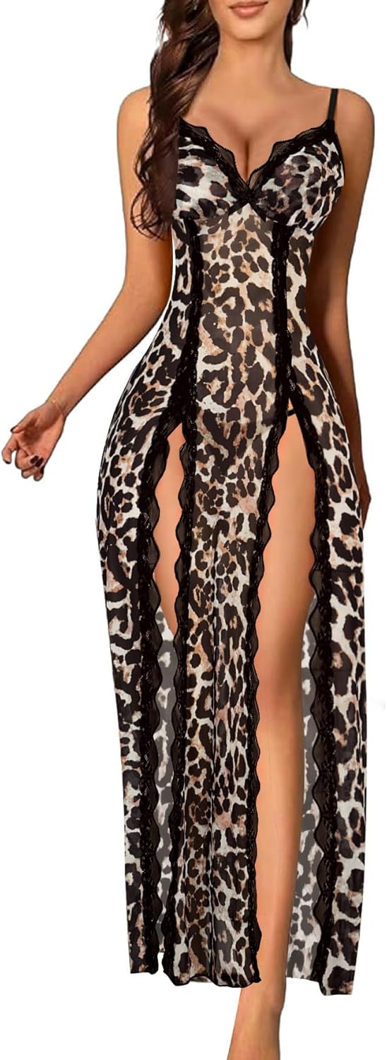 Foxiny Sexy Side Split Long Lace Sheer Lingerie Dress V Neck Night Gowns with Thong 2 Piece Set