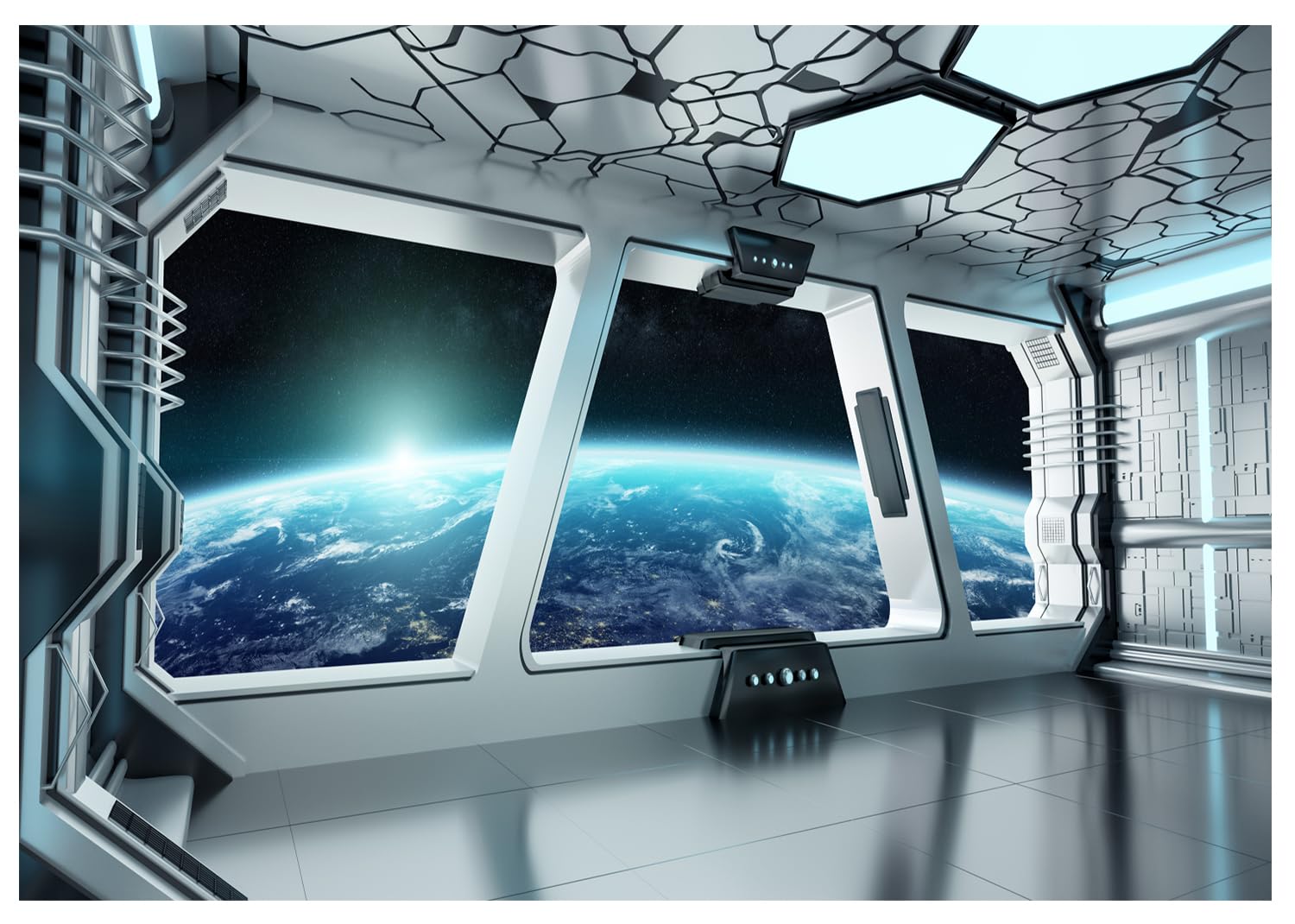 7x5ft Spaceship Interior Background Outer Space and Blue Planet Earth Photography Backdrop Stars Exploration Travel Photo Shoot Studio Props