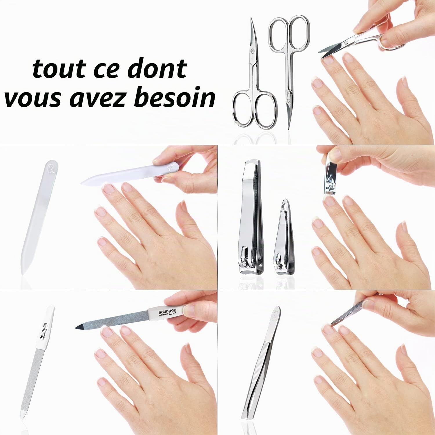 marQus kit manucure pedicure 7 pc. de Solingen - kit manucure professionnelle cuir, 2 coupe ongle, limes a ongles Solingen, pince à épiler, 2 ciseaux, lime a ongle verre