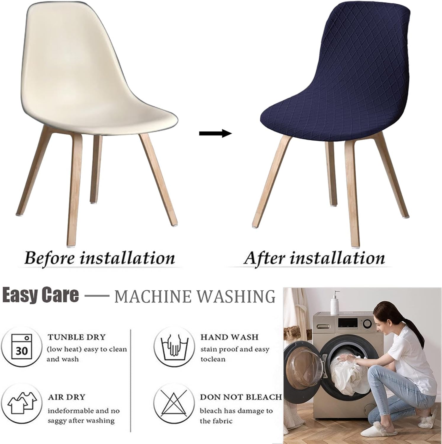 Jacquard Shell Chair Covers Set of 2/4/6 Stretch Waterproof Scandinavian Dining Chair Slipcovers Washable Modern Chair Protector Seat Covers for Living Room Coffee,Navy Blue,2pcs