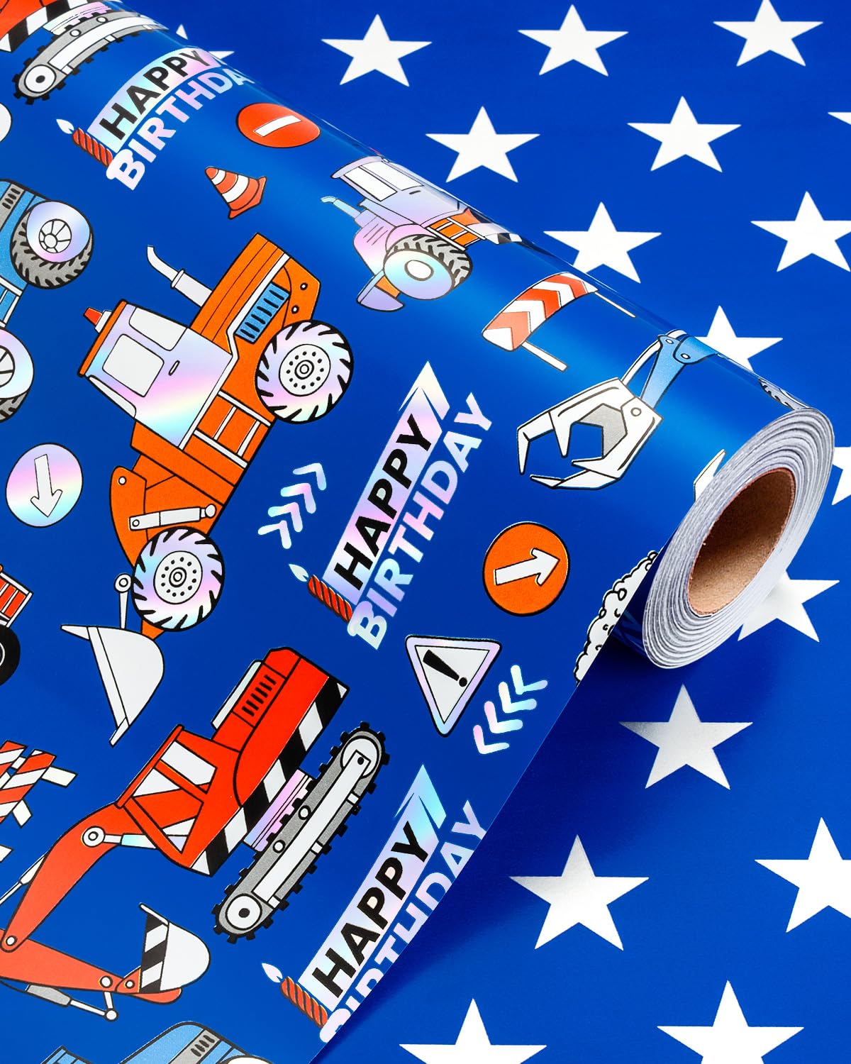 Wikadlik Geburtstags-Geschenkpapierrolle – buntes LKW-Thema, silbernes Stern-Design, tiefblaues Geschenkpapier für Kinder, Jungen, Autoliebhaber, Vatertag – 43 cm x 10 m